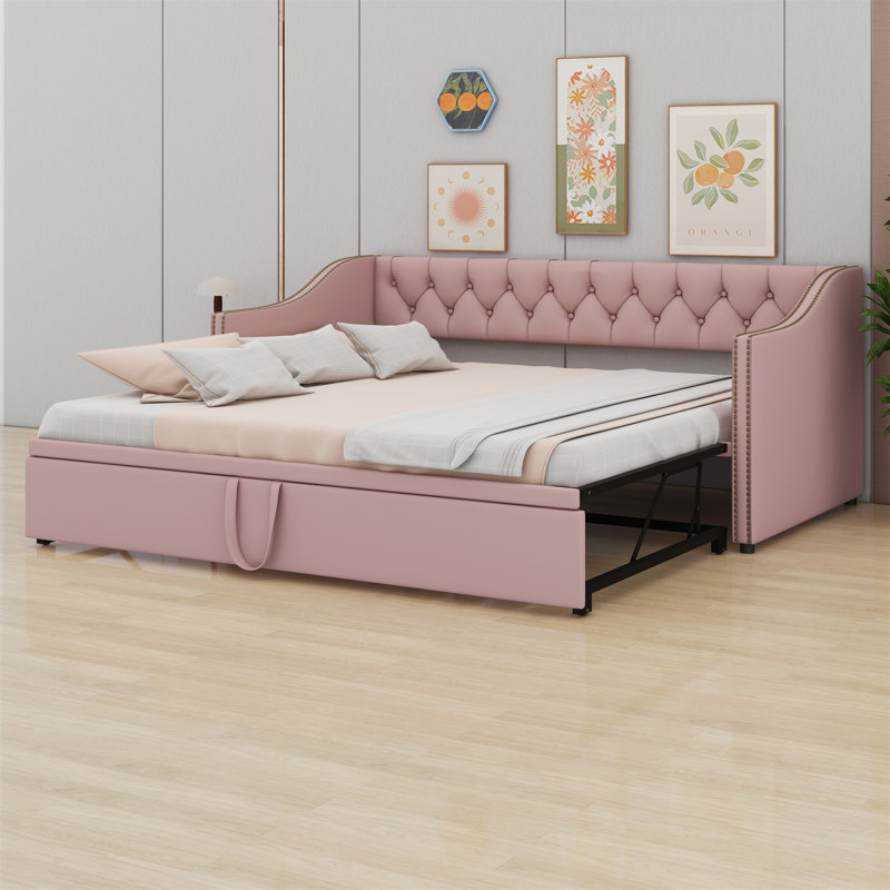 Twin Size Upholstered Daybed With Pop Up Trundle, Pink
