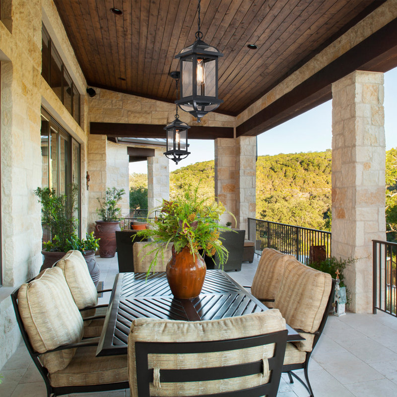 16" 1-Light Industrial Black Outdoor Pendant Light with Glass Shade