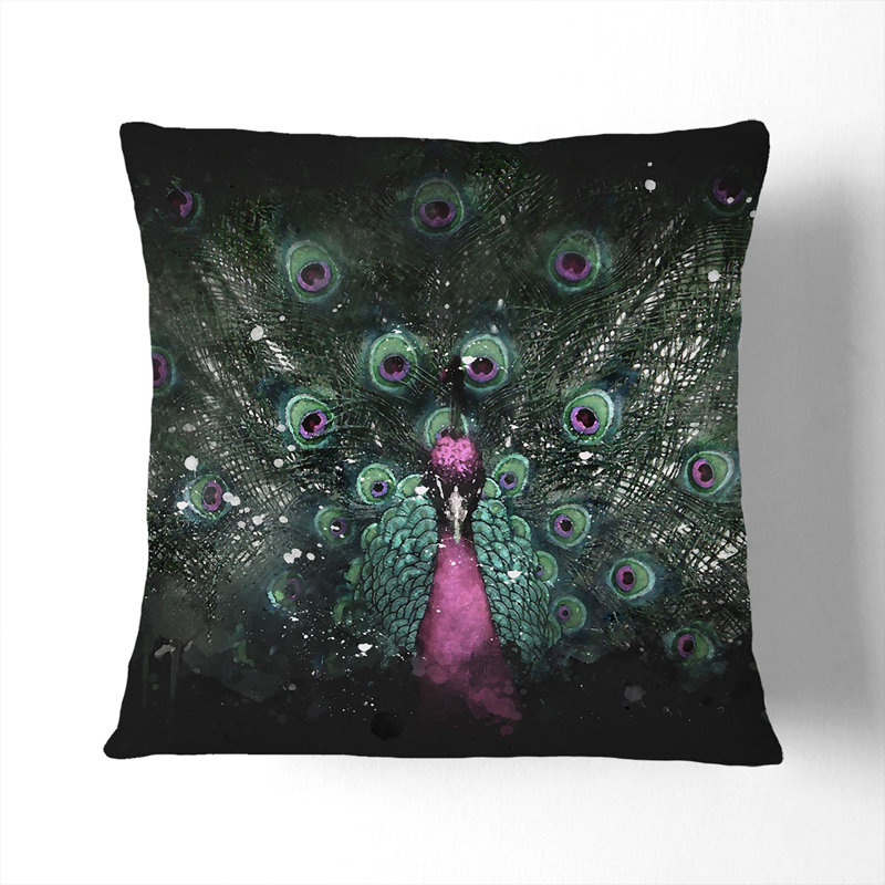 Mesmerising Peacock Paint Splash Cushion with Filling, 55cm H x 55cm W x 20cm D, Black