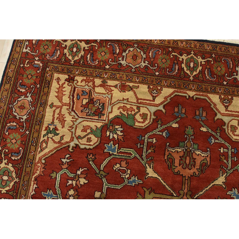 Tapis oriental rouge en laine noué à la main 7 pi 11 po x 9 pi 10 po Serapi