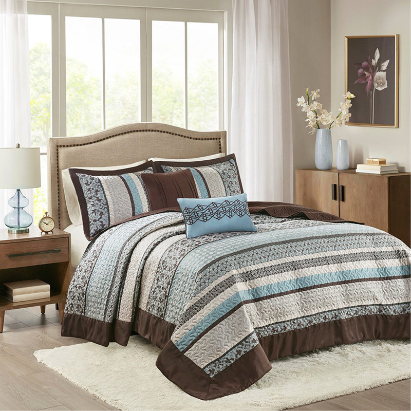 Ensemble de courtepointe 5 pièces en jacquard avec coussins décoratifs, Bleu, Courtepointe double + 4 pièces supplémentaires