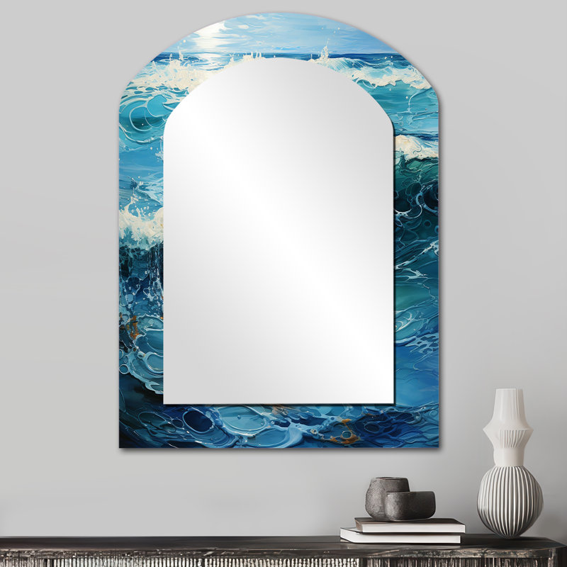 Teal White Ocean Serenade Pointillism I - Ocean Arch Decorative Mirror, Teal Asymmetrical Wall Mirror, Printed Metal Art