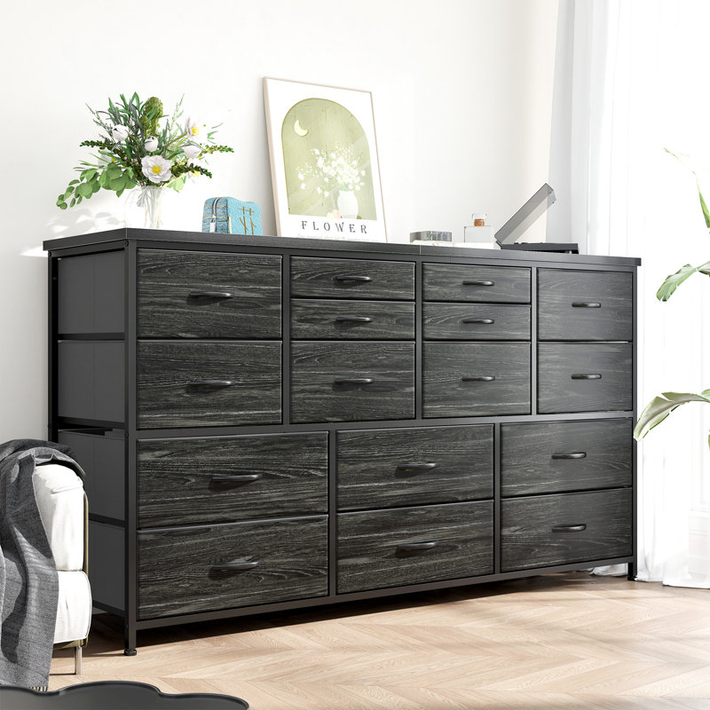 16 Drawer Dresser For Bedroom, 51.1" Wide Long Dresser With Charging Station For 60" Tv Stand,Black, Black
