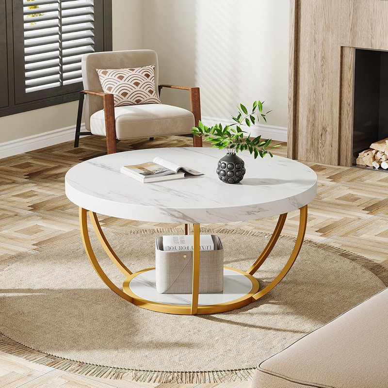 Table basse moderne et ronde, table basse à 2 niveaux avec faux marbre blanc et pieds en métal doré, table d'appoint avec centre de table circulaire pour le salon, blanc et or