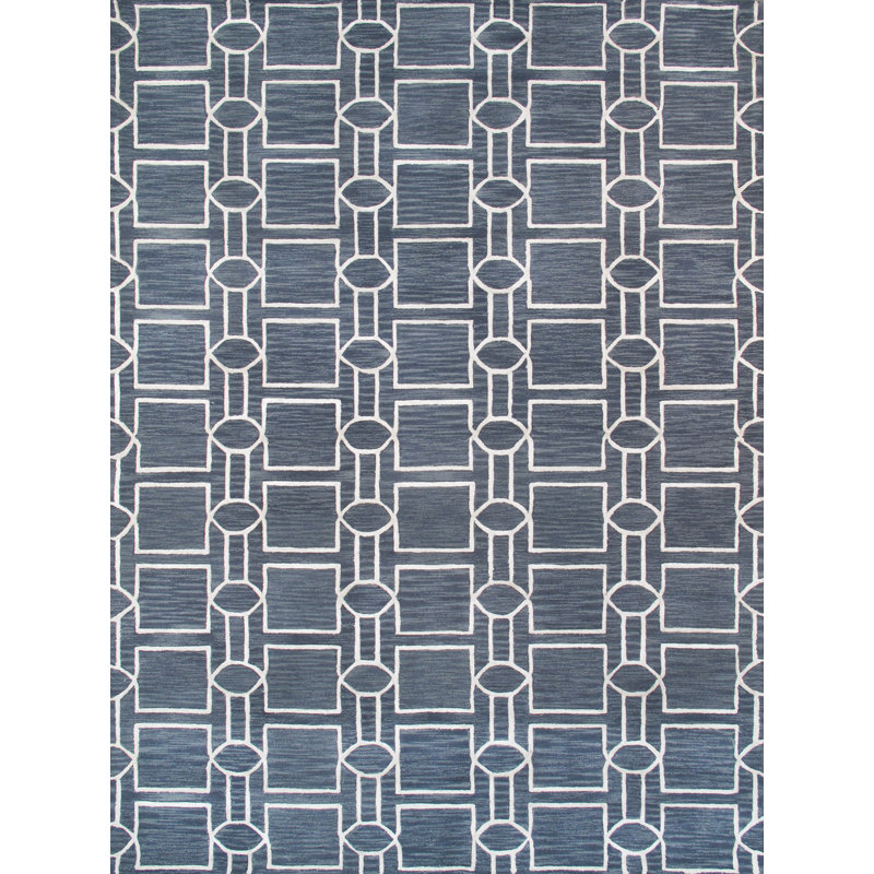 Tapis gris / blanc en laine touffeté à la main à motif géométrique, Rectangle 5 pi 6 po x 8 pi 6 po