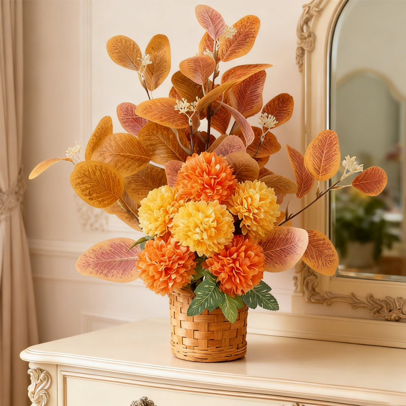 1 bouquet de chrysanthèmes artificiels, 21 pouces de fleurs de soie simulées en deux couleurs, jardin, cuisine, table, vase, fleurs décoratives, orange et jaune