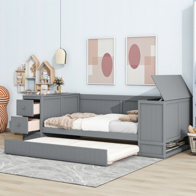 Lit de jour gris simple avec rangement pour magazines, lit gigogne - Fabrication de vêtements en bois massif