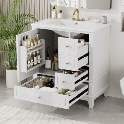 30" Bathroom Vanity With Sink, One Door With Shelf And Three Drawers, Soft Close Door, White