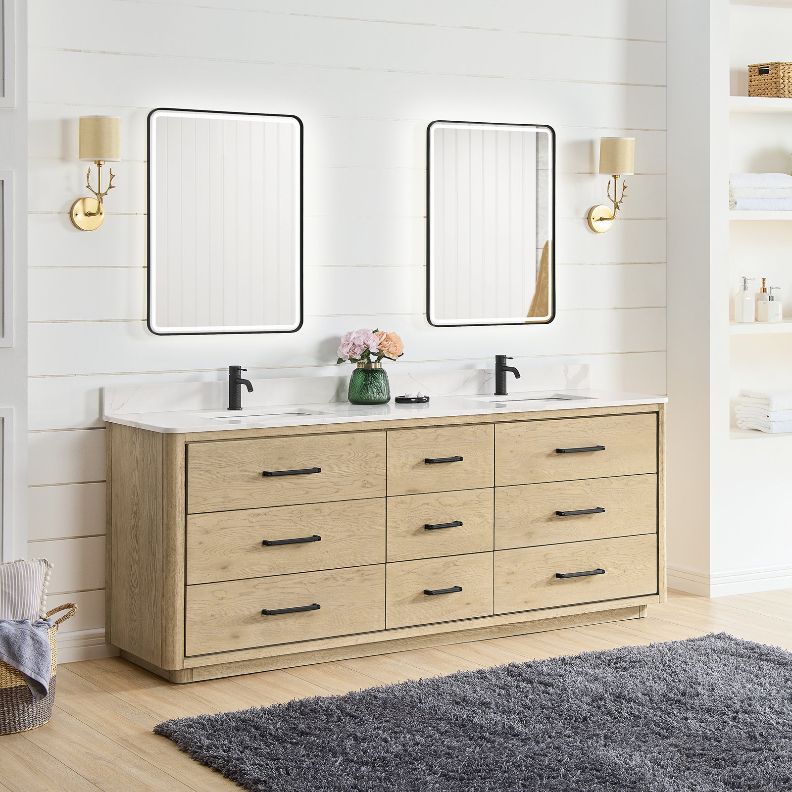 Porto 84'' Double Bathroom Vanity, Natural Oak, Matte Black