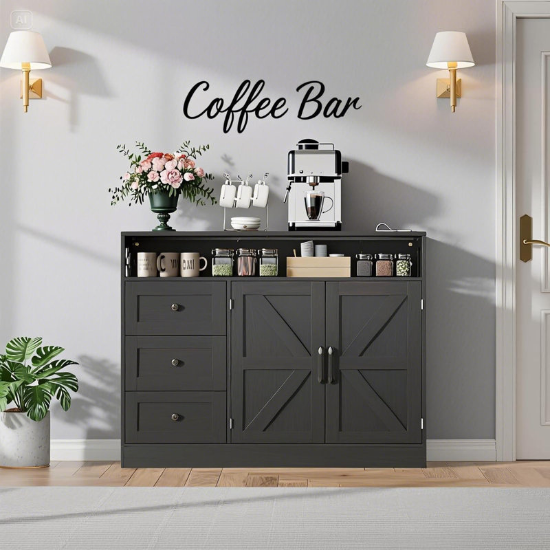 47.2"Buffet Cabinet with Storage,Modern Farmhouse Sideboard Storage Cabinet with Power Outlet,3 Drawers and 2 Barn Doors