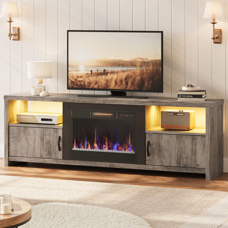 Brahma 71 inch Fireplace TV Stand for TVs up to 75", Fireplace Media Console with LED Lights and Storage Cabinets with Electric Fireplace Included
