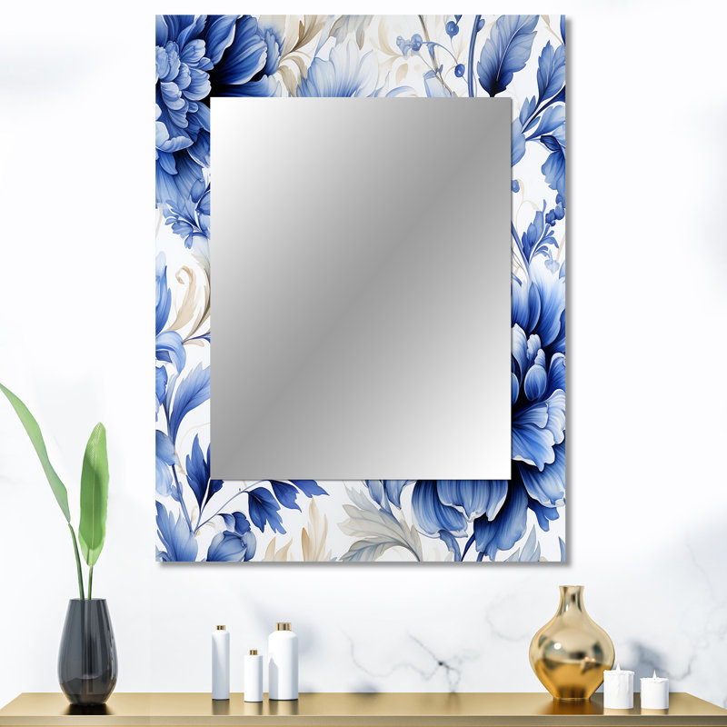 Asahlee beige et bleu orné damas Dahlia - miroir décoratif floral, miroir mural de maison de campagne, impression sur métal