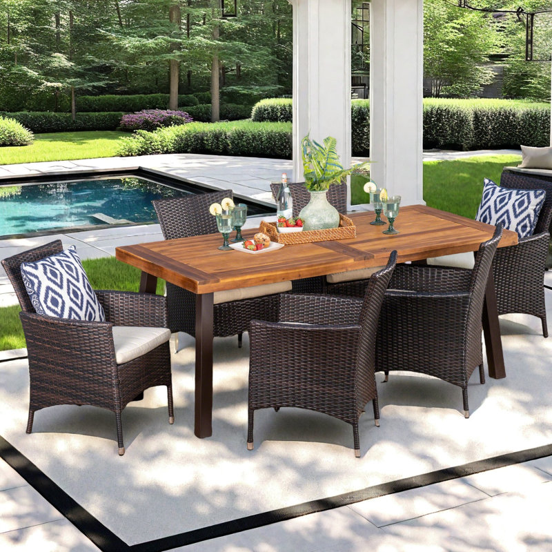 Everlean 6 - Person Acacia Wicker Patio Dining Set with Rectangular Table , Cushions Included