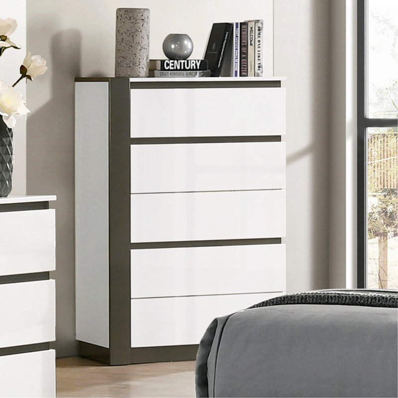 Poignées de tiroir dissimulées de style contemporain 1Pc avec glissières à roulement à billes à finition ultrabrillante, accents métalliques, finition blanche et gris métallique