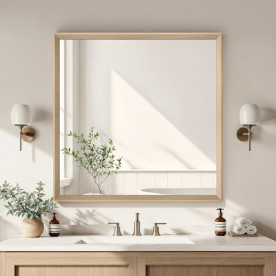 Miroir mural avec cadre en bois de chêne, miroir rectangulaire de 36 po x 36 po, verre trempé anti-dessèchement, cadre durable et robuste, miroir de style campagnard, antirouille, installation rapide dans la salle de bain