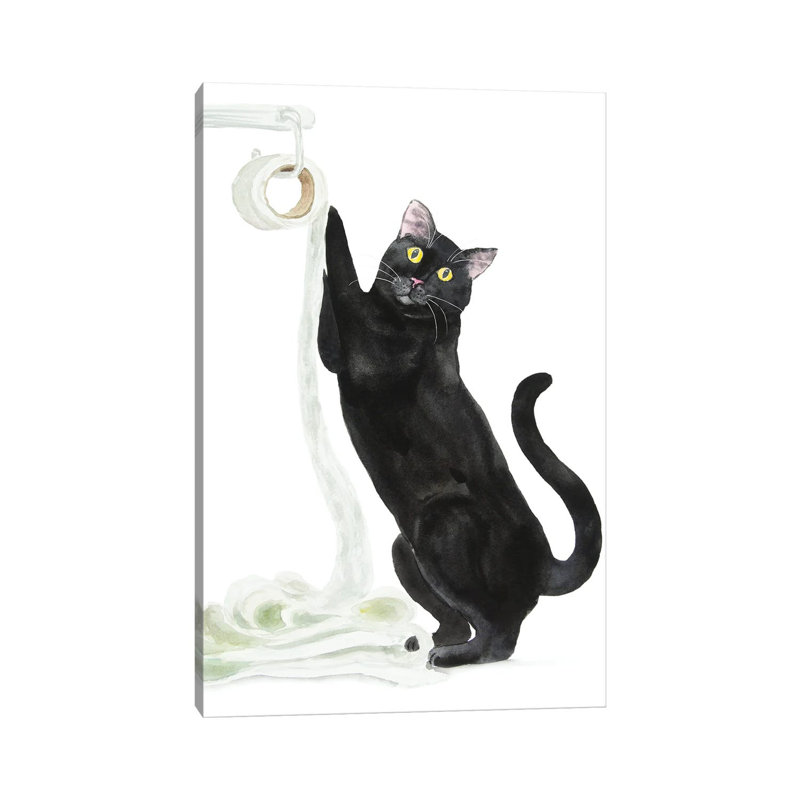 Black Cat And Toilet Paper by Alexey Dmitrievich Shmyrov - Wrapped Canvas Gallery-Wrapped Canvas Giclée