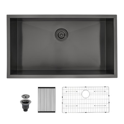 33'' L x 19"" W Undermount Single Bowl Stainless Steel Kitchen Sink with Basket Strainer and Sink Grid -  Sarlai, SMUB33199A