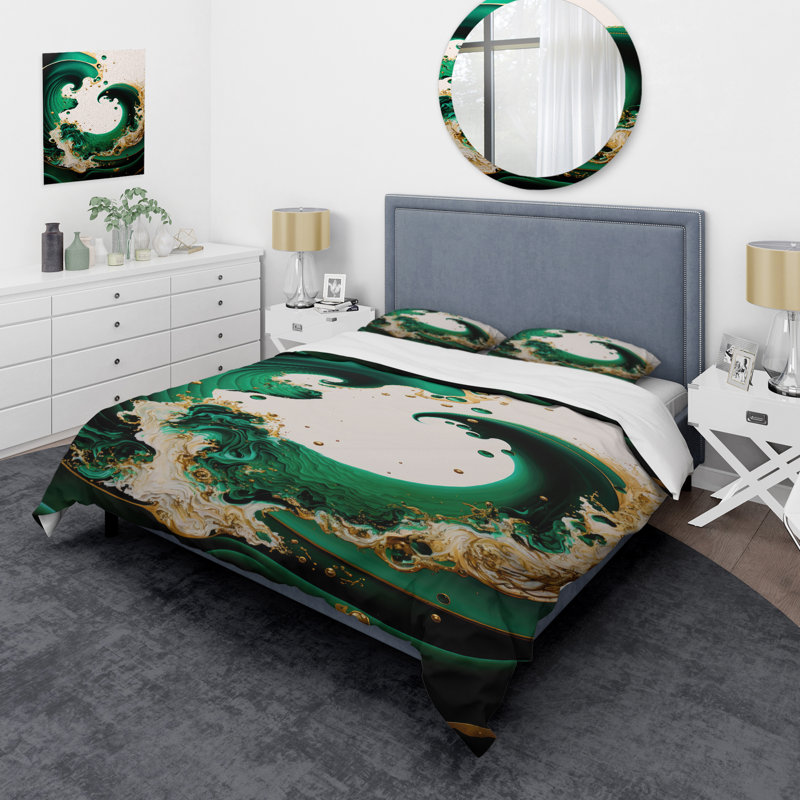 Ensemble de housse de couette en émeraude vert et doré, Housse de couette pour grand lit et 2 taies décor