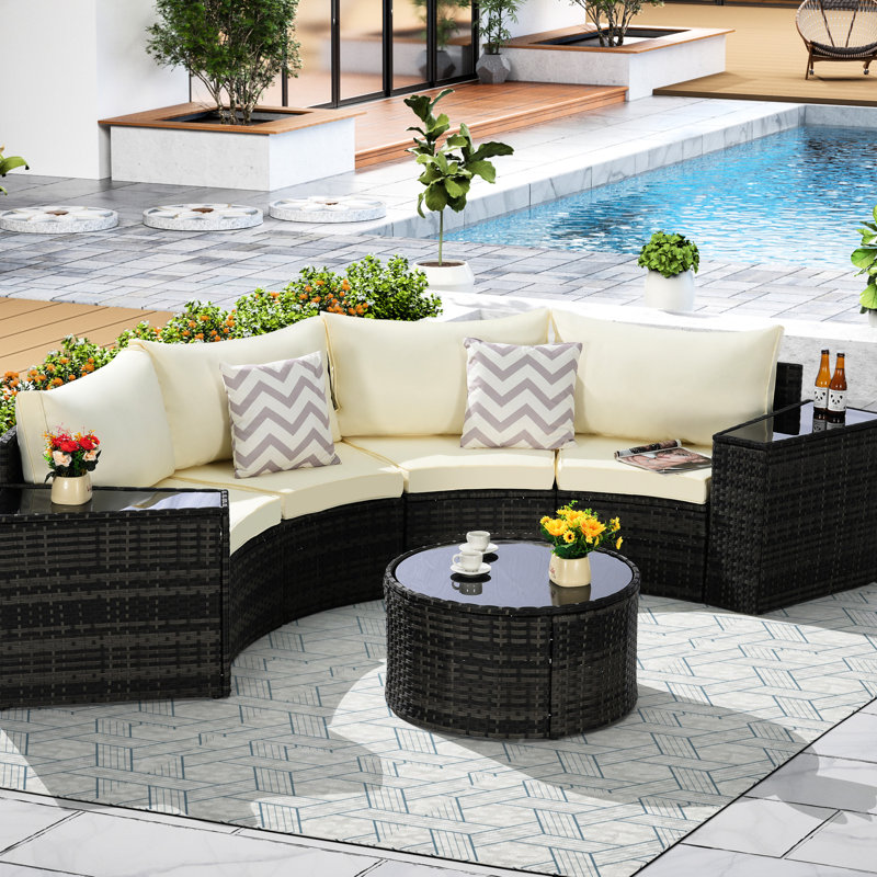 7 Patio Furniture Half-Moon Style Outdoor - And Quick Dry Foam Cushions With Round Coffee Table Frame Comfortable, Beige