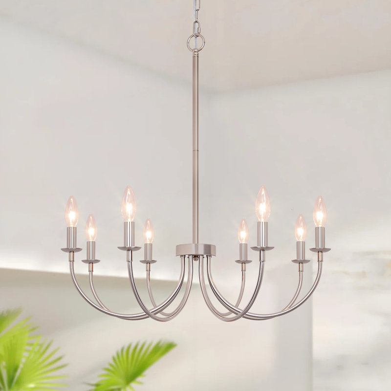 Brushed Nickel Modern Candle Chandelier, 8 Lights, Nickel