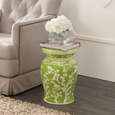 Cherry Blossom Classic 17.75" Green and White Ceramic Garden Stool, Indoor Outdoor Chinoiserie Patio Side Table and Plant Stand