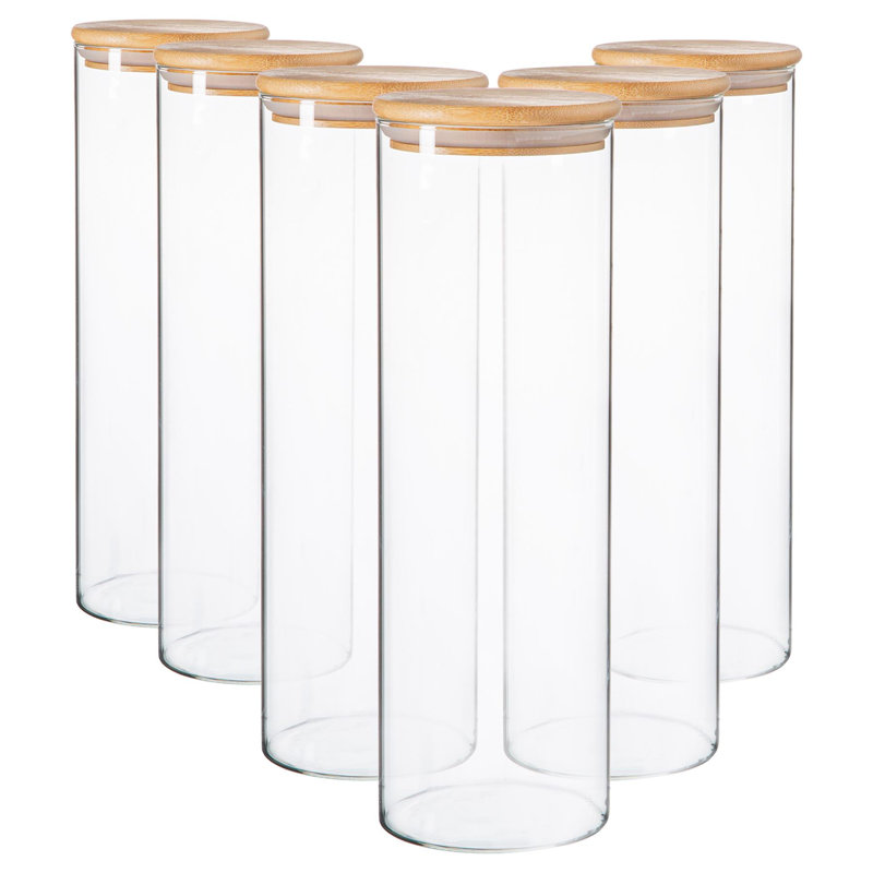 Argon Tableware - Scandi Glass Storage Jars with Wooden Lids - Set of 6, 30cm H x 10cm W x 10cm D