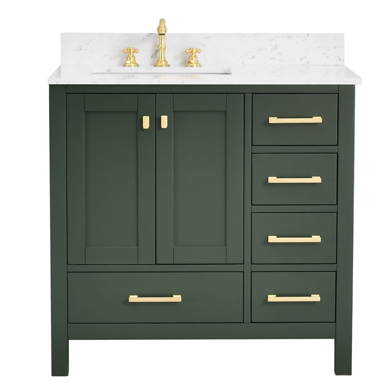 36-inch Bathroom Vanity With Engineered Stone Top, Brushed Gold, Green