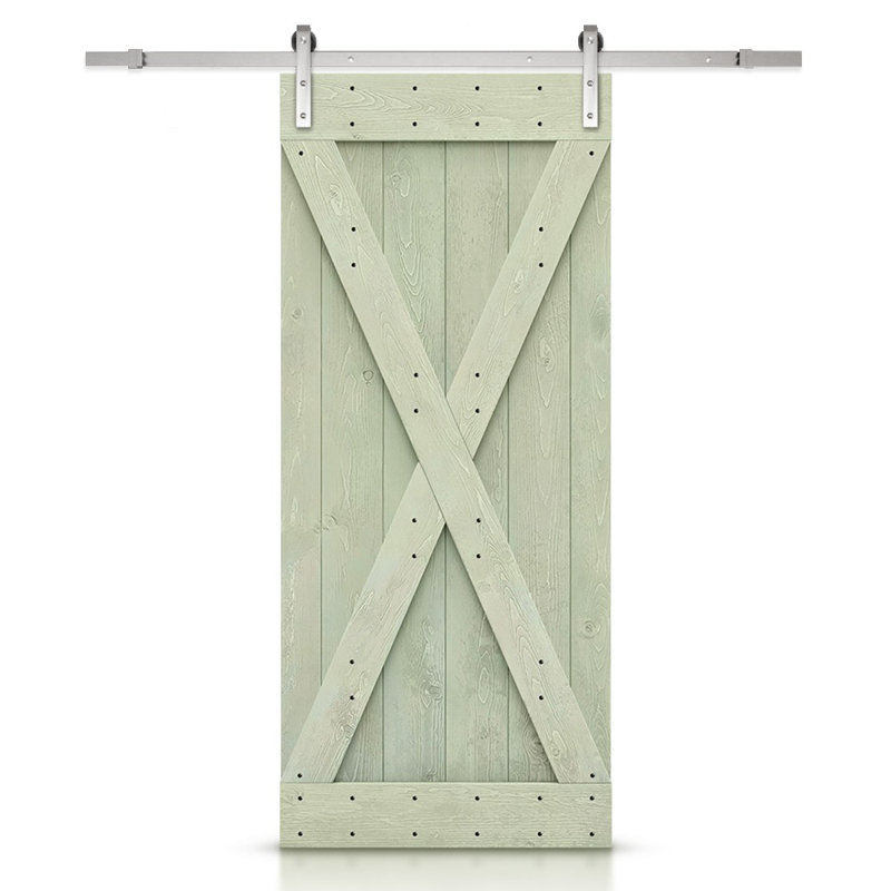 Porte de grange peinte à panneaux en bois et métal avec ensemble de quincaillerie d’installation, Vert sauge