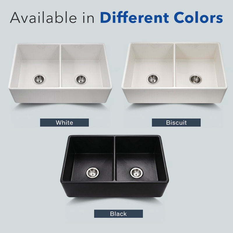 Platus 33'' L Double Bowl Fireclay Kitchen Sink, White