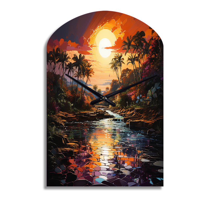Art indien, paradis tropical III - grande sculpture d'horloge murale jaune en forme d'arche, Grand