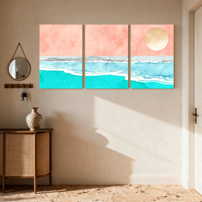 «Nautical & Beach Sunset Ocean Waves Sky Horizon», ensemble de 3 reproductions d'art sur toile, H 30 po x l 60 po