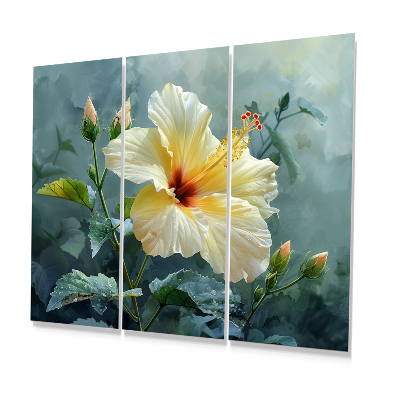 Ensemble de décorations murales jaunes, gris et délicats Hibiscus I - Hibiscus, H 28 po x l 36 po x P 1 po, Métal métal