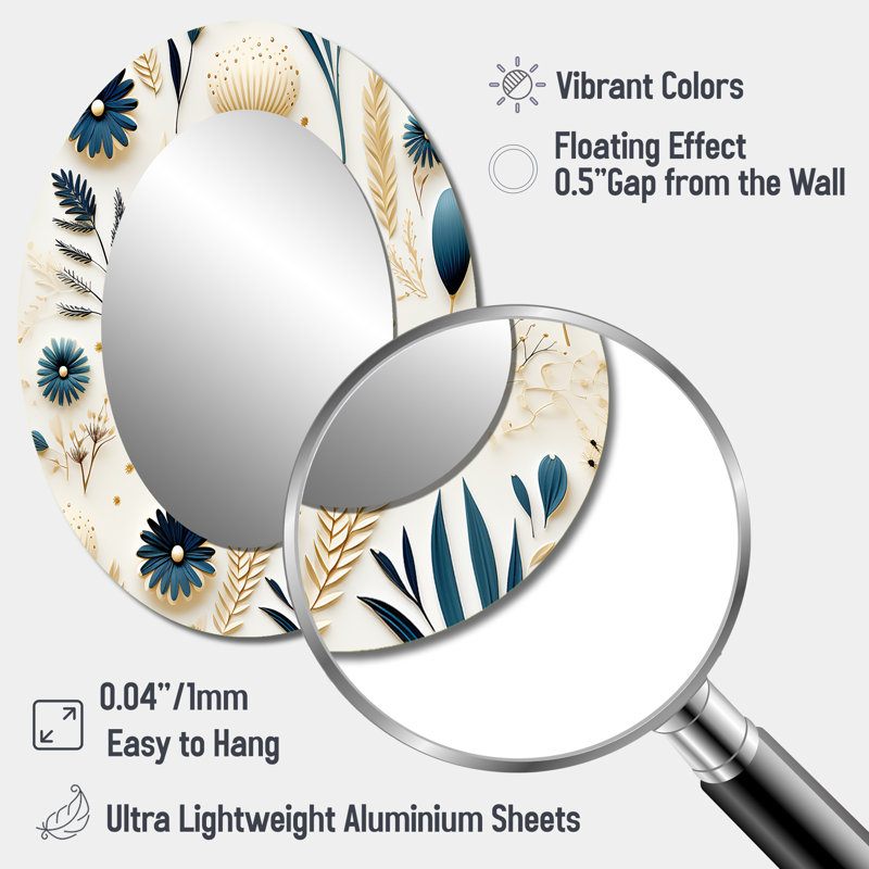 Blue And White Ferns Minimalism Boho Pattern - Blue Traditional Oval Wall Mirror, 40" H x 30" W