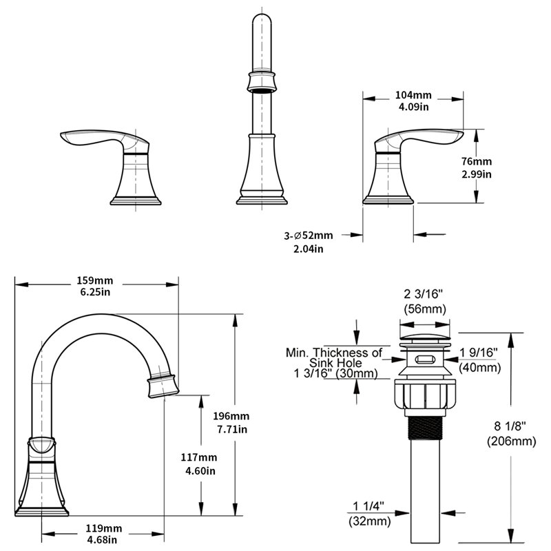Robinet de lavabo de salle de bain or brossé 8 po - 2 poignées, 3 trous, bec pivotant à 360 °, conception de prévention des fuites à débit d'eau stable