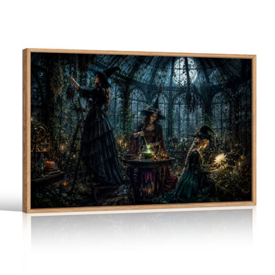 «Three Witches Brewing Green Potion in Moonlit», art mural sur toile