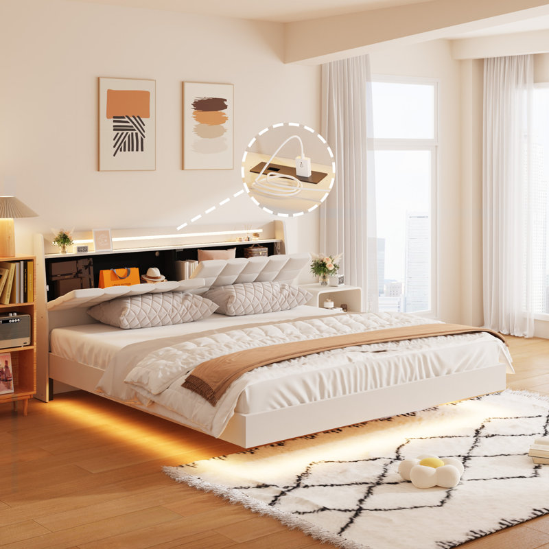 Floating Bed Frame with Storage Headboard, LED Bed Frame with Charging Station, Blue Geometric, King