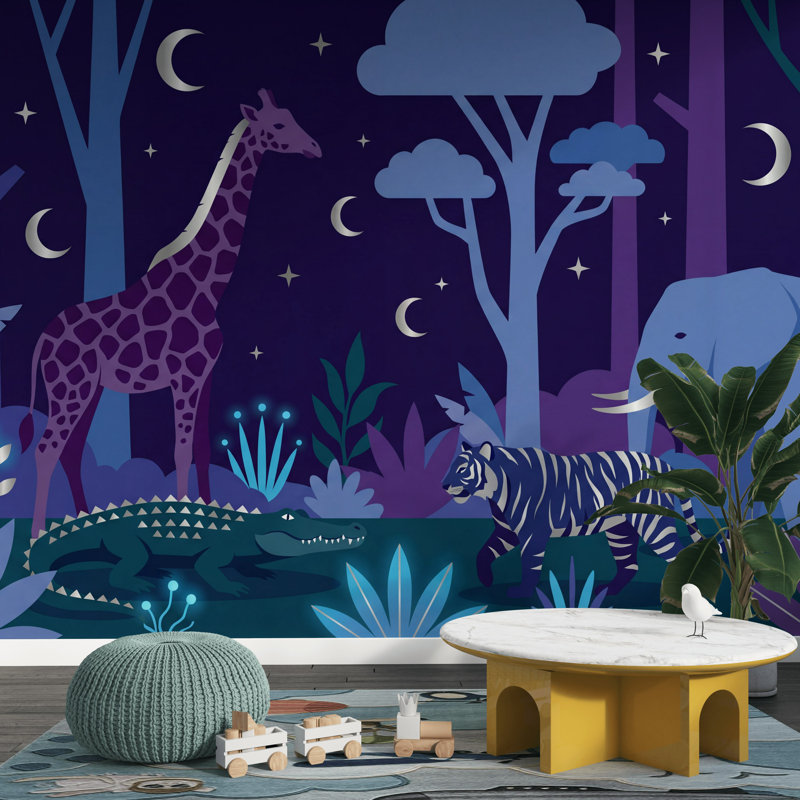 Murale sombre animaux de la nuit, L: 170 po x H: 108 po, Peler et coller