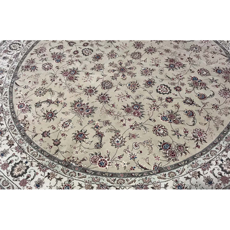 Hand-Knotted High-Quality Ivory and Taupe Round Area Rug
