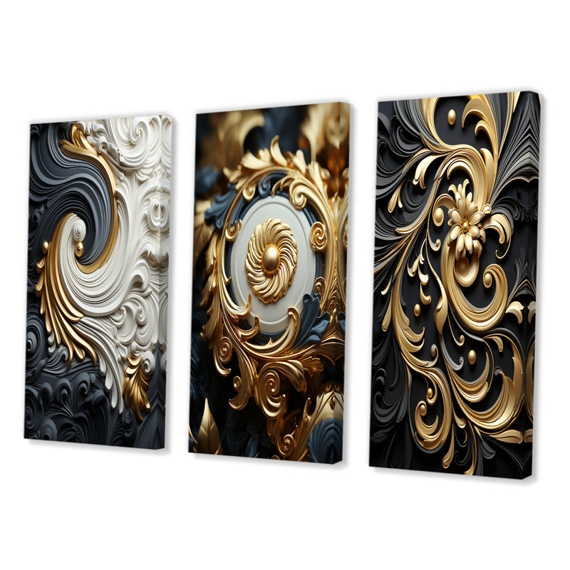 3 pièces sur toile - Or blanc et spirale liquide ornementale noire, Toile tendue, H 32 po x l 48 po