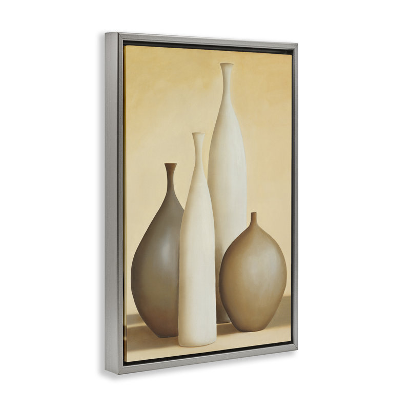 Toile flottante «Neutral Pottery Bottles» par Arlene Stevens, Cadre flottant gris lustré, H 31 po x l 21 po
