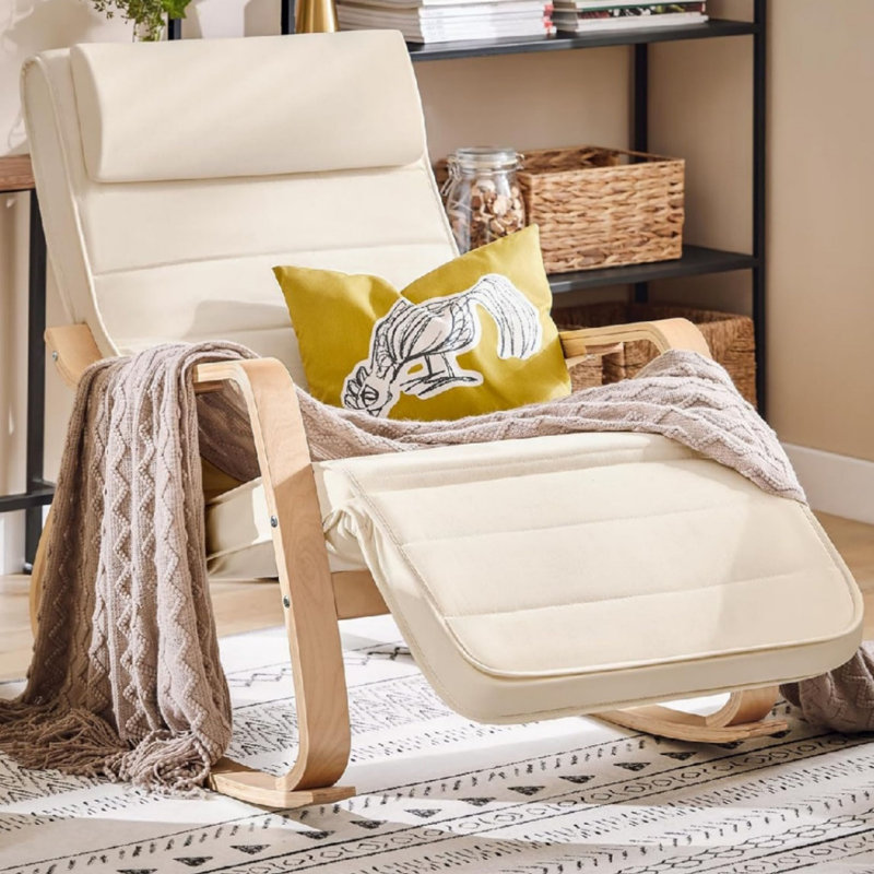 Multi-Season Beige Solid Wood Outdoor Rocking Chair with Poly-Cotton Cushion