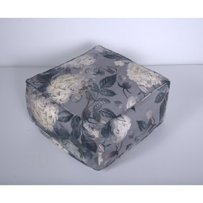 Hazel Large Square Pouf, Flower Print On Grey