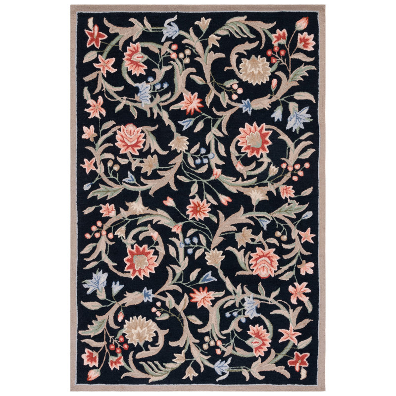 Hollander Floral Handmade Hooked Wool Black/Beige Area Rug, Rectangle 2'6" x 4'