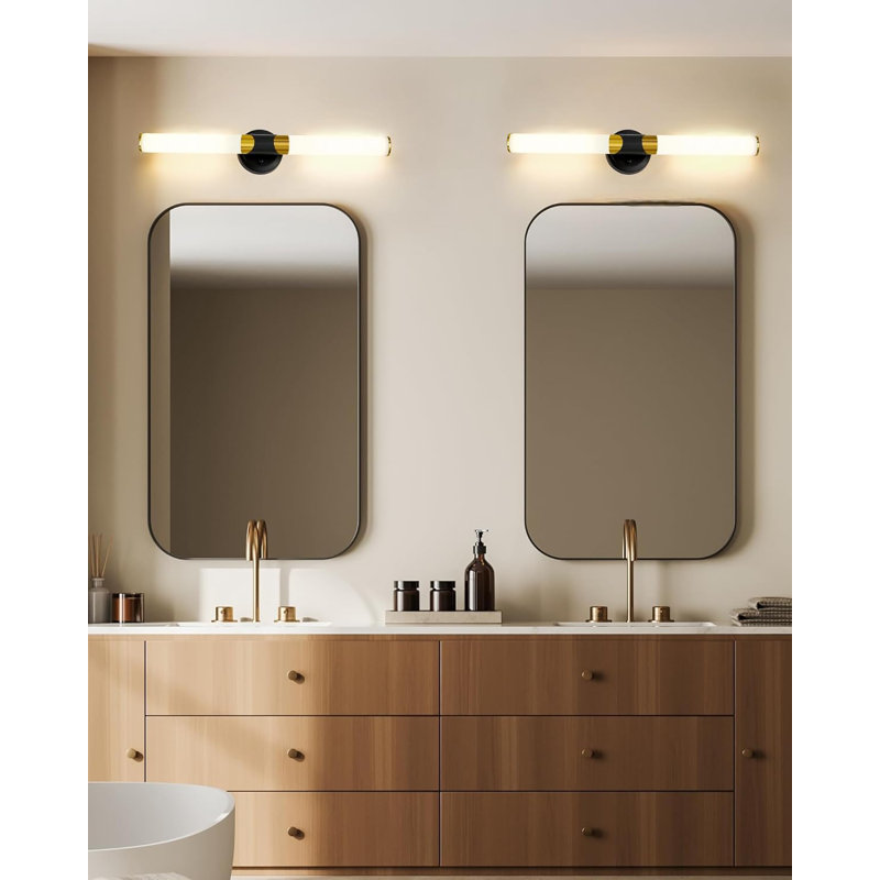 Modern Wall Sconce Light Fixture With Frosted White Glass Shade, 2-Light Vanity Light Bar For Bathroom, Vertical Or Horizontal Mount, Black And Gold Finish