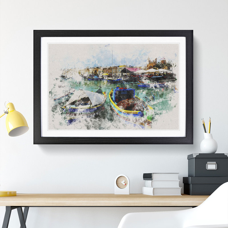 Fishing Boats in Malta - Picture Frame Painting, 48cm H x 65cm W x 2cm D, Black Framed