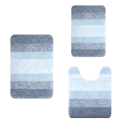 Bathroom Rugs Sets 3 Piece, Soft Absorbent Microfiber Bath Mats and U-Shaped Contour Toilet Rug, Blue