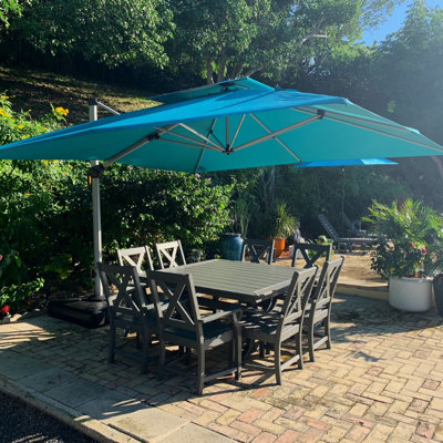 Myrtille 12' x 12' Square Silver Thicker Pole Cantilever Umbrella With Base,Turquoise Blue