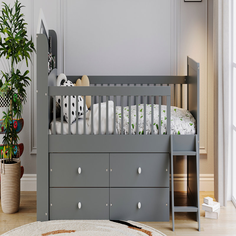 Cadre de lit simple avec fonction de rangement 4 tiroirs, cadre de lit en bois pour chambre d'enfant, cadre de lit plateforme simple avec garde-corps avec tête de lit et échelle