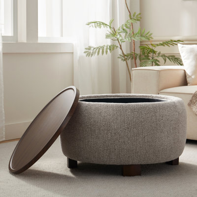 Upholstered Round Storage Ottoman with Wooden Tray