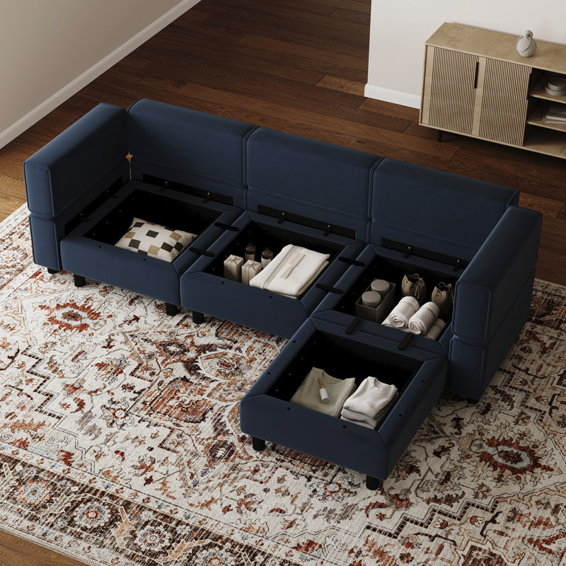 Canapé modulaire en L avec repose-pieds mobile, Velours bleu, H 33,9 po x l 88,6 po x P 57,1 po